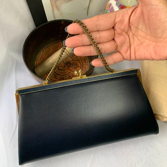 Vtg Dark Blue Clutch Purse with handle - Picture 8 of 16